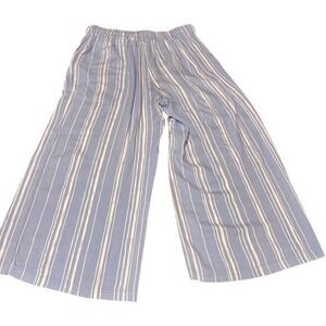 Striped Wide Leg Cropped Pants‎ Blue White Elastic Waist Casual Comfy
